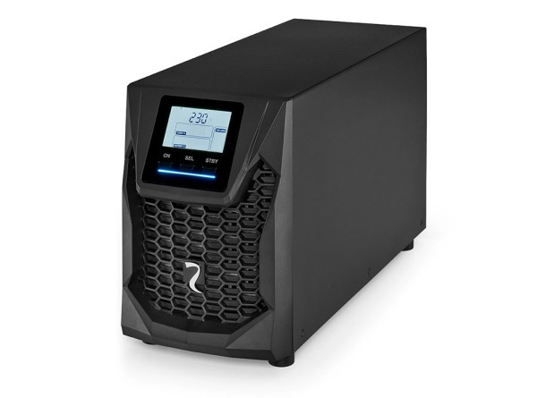 Riello Sentinel Pro2 SP2 3000 Online-USV im Tower-Gehäuse mit LCD-Display und LED-Statusleiste, schräge Frontansicht